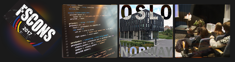 Banner that says: FSCONS 2017, Oslo Norway, with some pictures of some code, the IFI building and people listening to a keynote